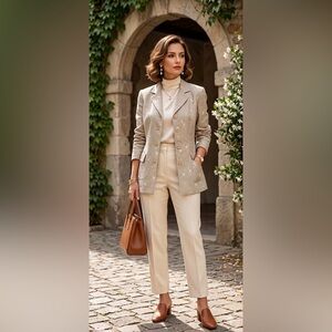 Amanda Smith Floral Embroidered Blazer Beige Button Long‎ Sleeve Size 6 RN13711